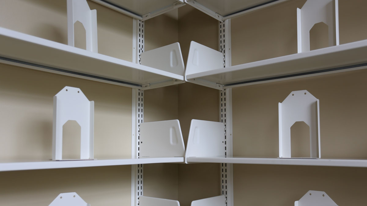Commercial wall shelves used for retail, office, and library storage displays
