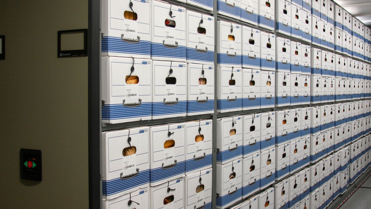 Rows of labeled banker boxes organized on high-density mobile shelving racks for record storage