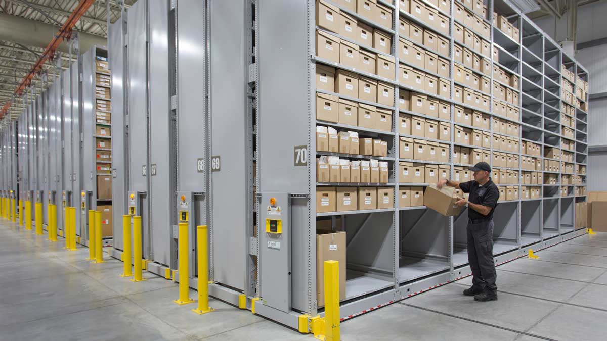 archive shelving with record boxes for police department evidence management