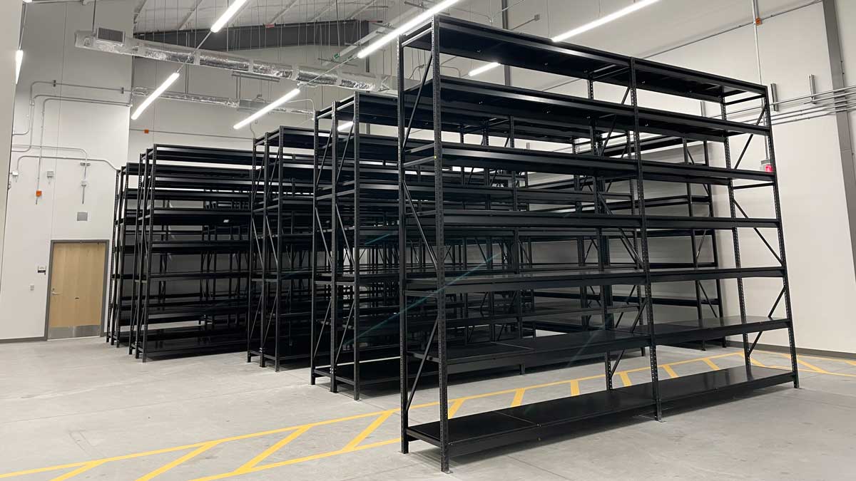Black steel industrial shelving with adjustable levels