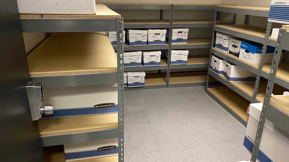 organized file box storage racks used in government records management