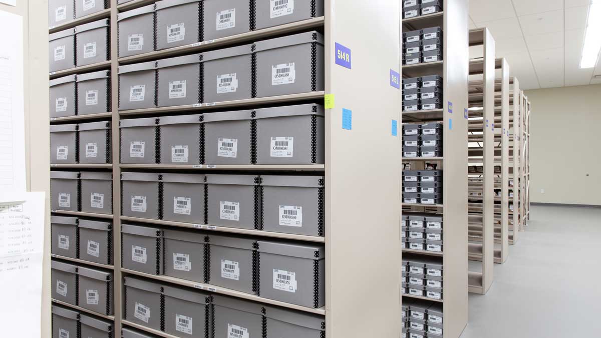 archival museum storage with labeled gray document boxes on steel shelving