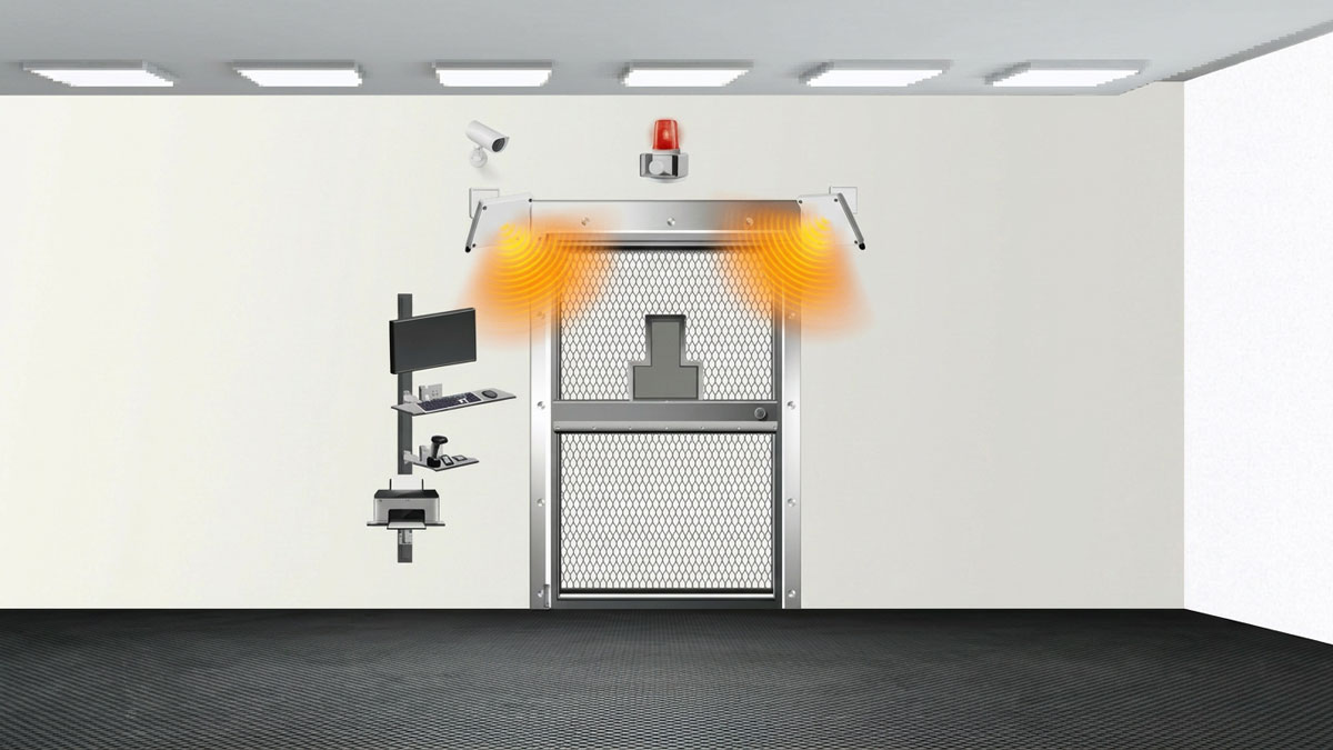 Armory entrance equipped with weapon tracking doorway sensors for secure weapon management