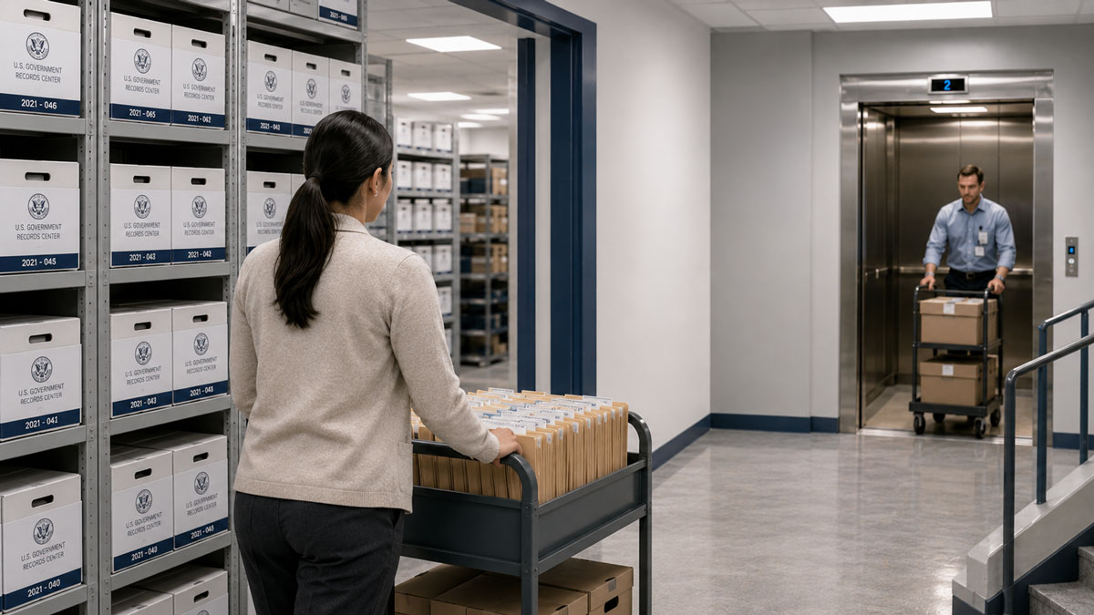 Government archive staff transporting records through RFID-tracked storage hallway near elevator and secure file access points