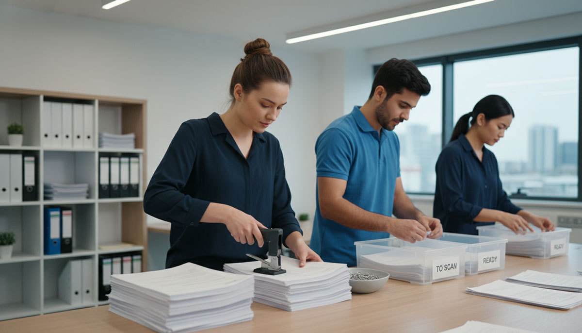 document preparation team organizing files for scanning to support imaging