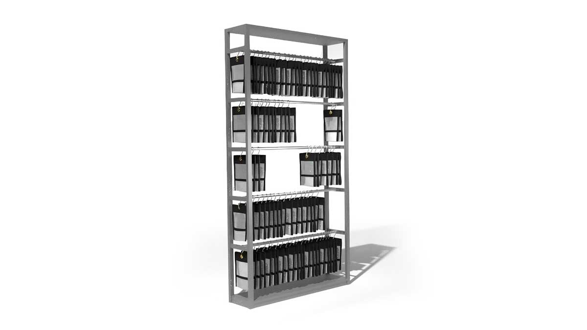 vertical shelving unit with multiple rows of hanging document pouches for efficient physical file management