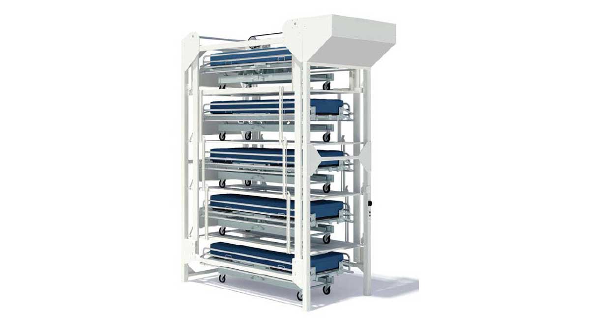 five-level rack storing stretchers and gurneys to increase storage capacity