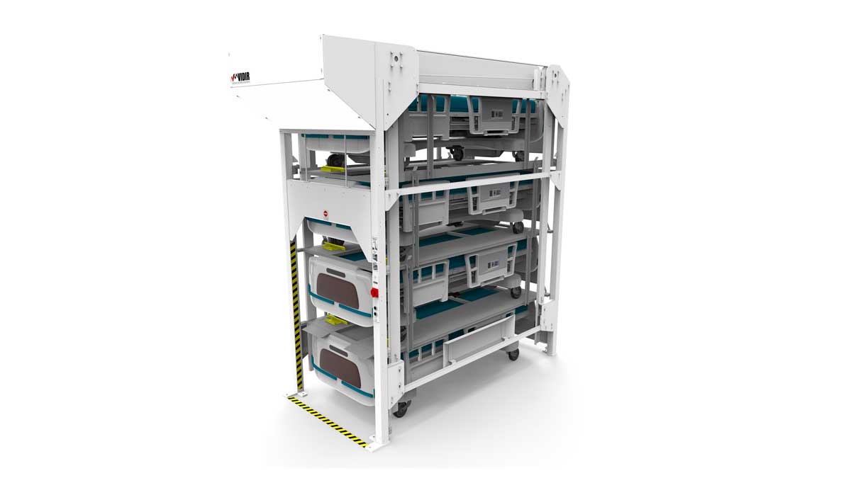 four-level vertical bed storage lift filled with hospital beds