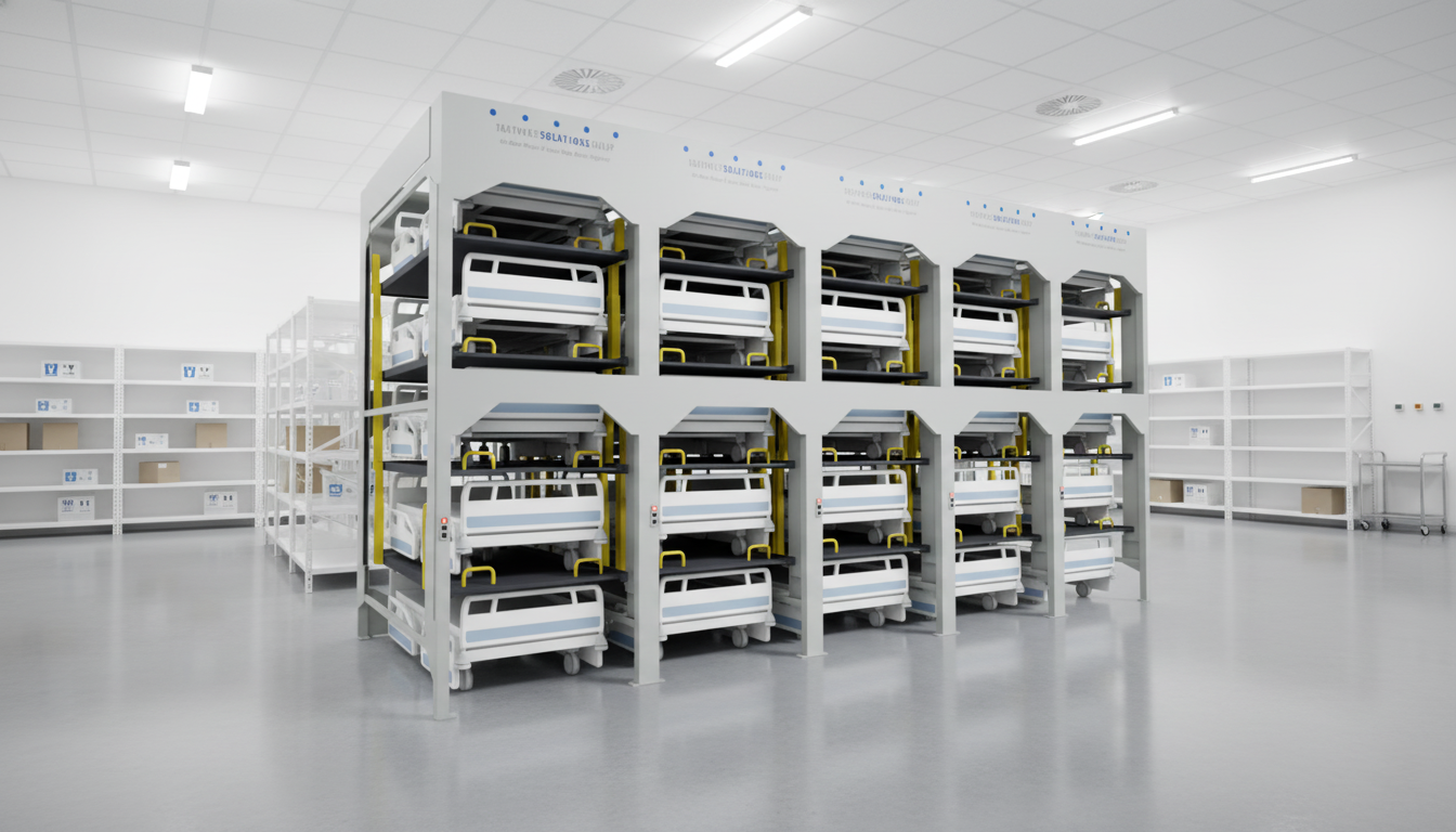 multi bay hospital bed storage lifts scalable bank for centralized bed inventory