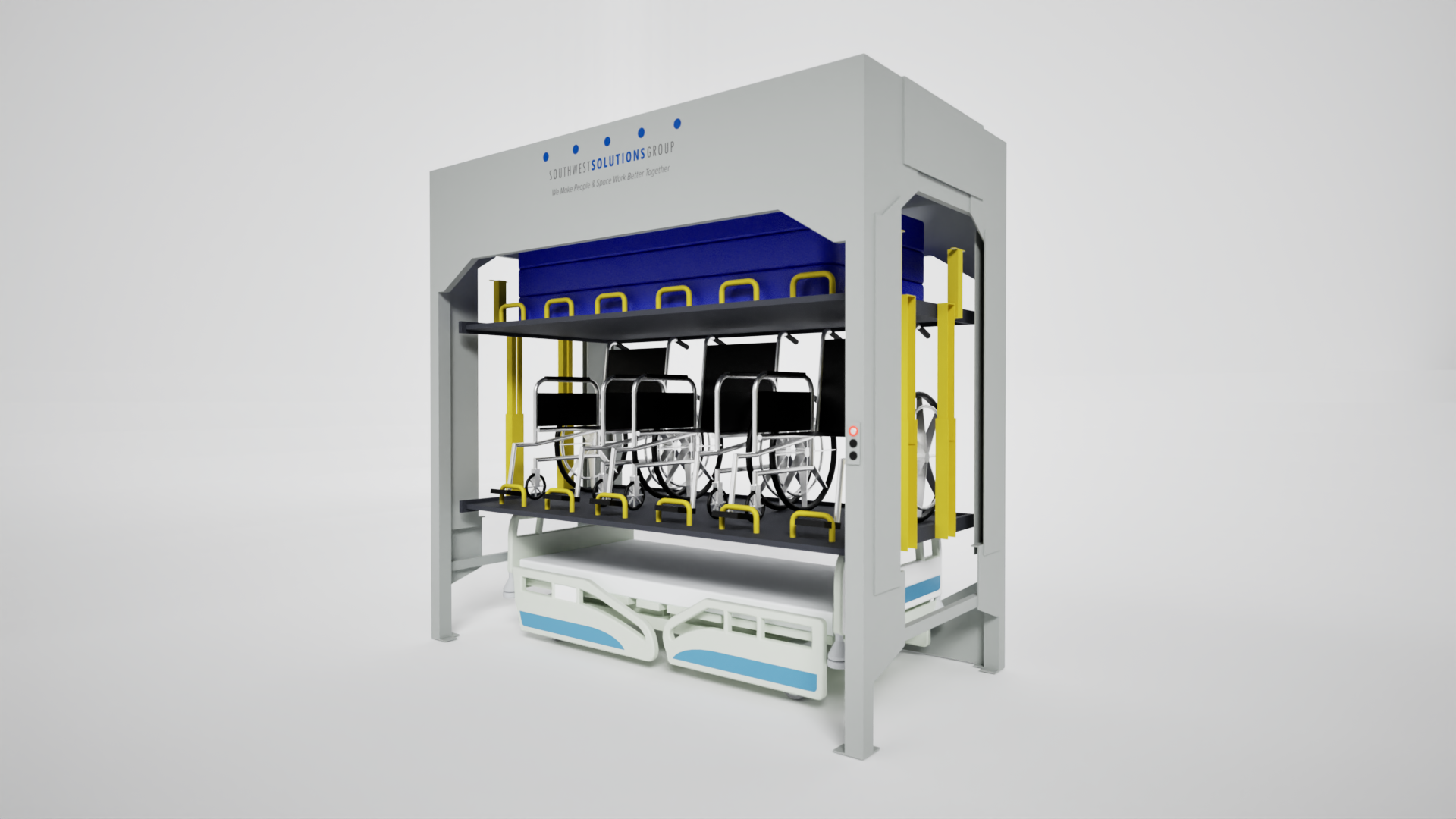 side loading mixed equipment storage lift staging wheelchairs above beds for organized access