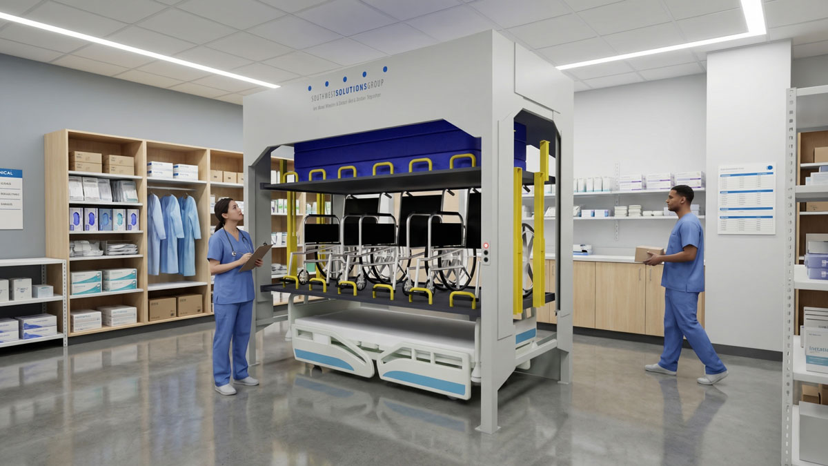 wheelchair storage lift with bed parking 3 level stages wheelchairs above a lower bed position