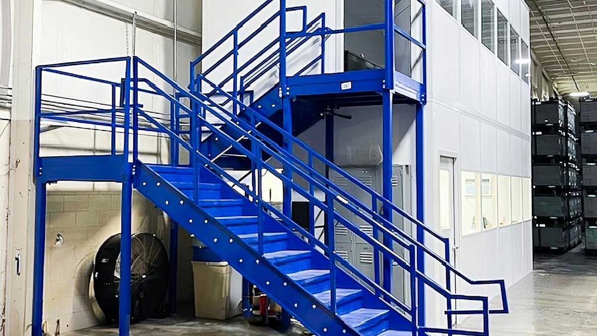 exterior two-flight steel staircase with mid-landing platform and handrails beside yellow industrial building