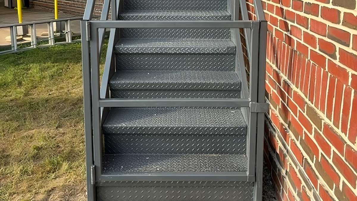 mezzanine ladder providing secure access to overhead platform with integrated safety gate