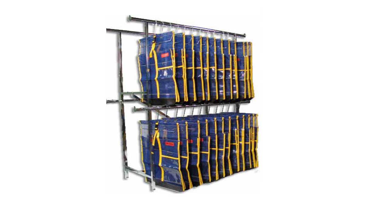 double-tiered storage rack with hanging bags for organized transport and storage of uniforms and garments