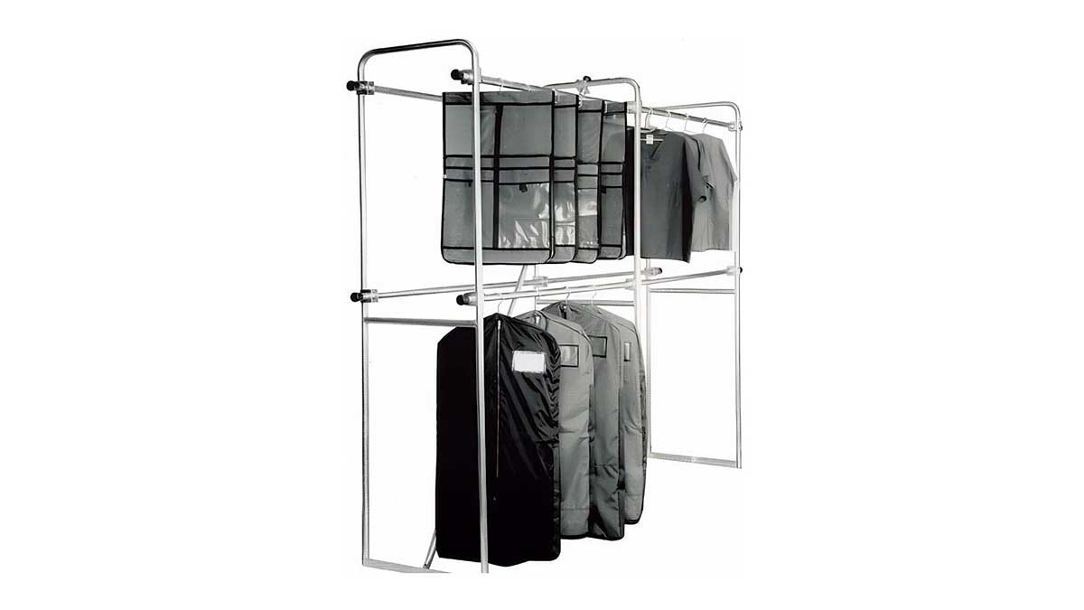Multiple hanging property bags on transport rack