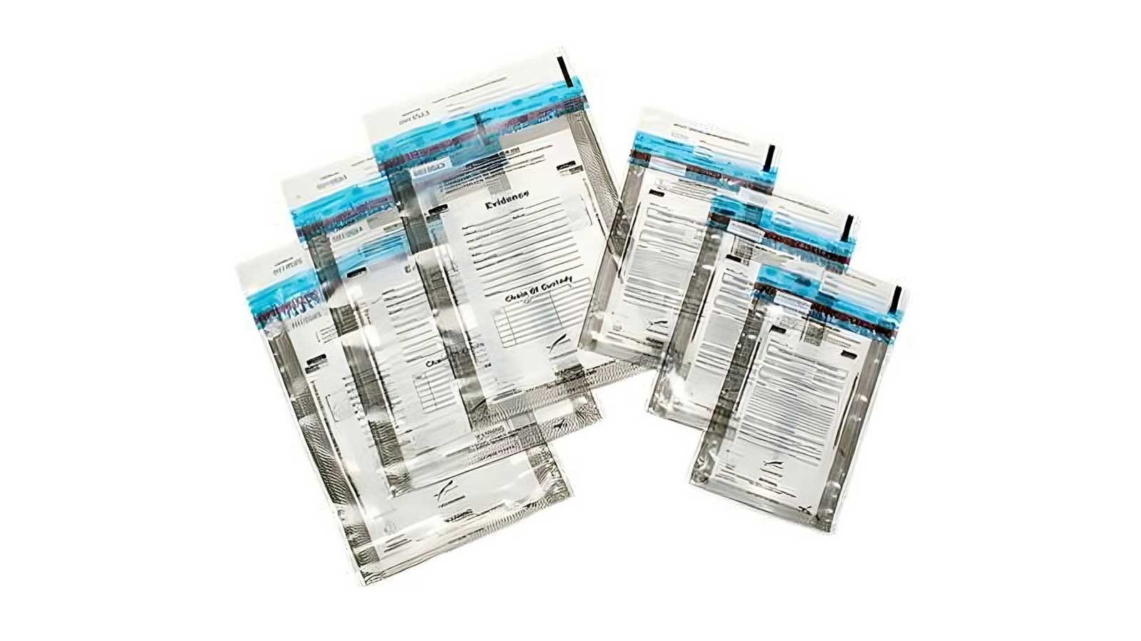  plastic zip-seal property bags containing custody forms for secure evidence tracking
