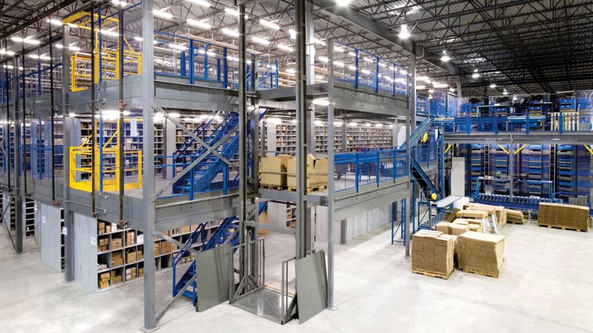 three-level structural mezzanine system with pallet gate and lift designed for vertical storage efficiency