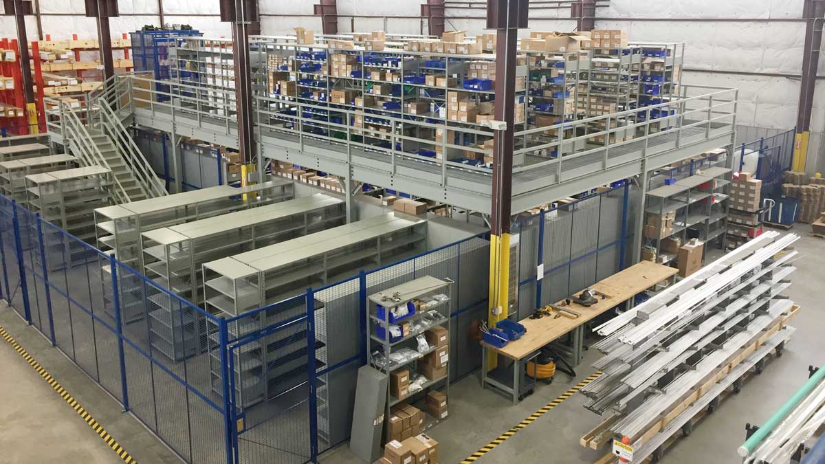 Retail storage mezzanine with shelving and stair access