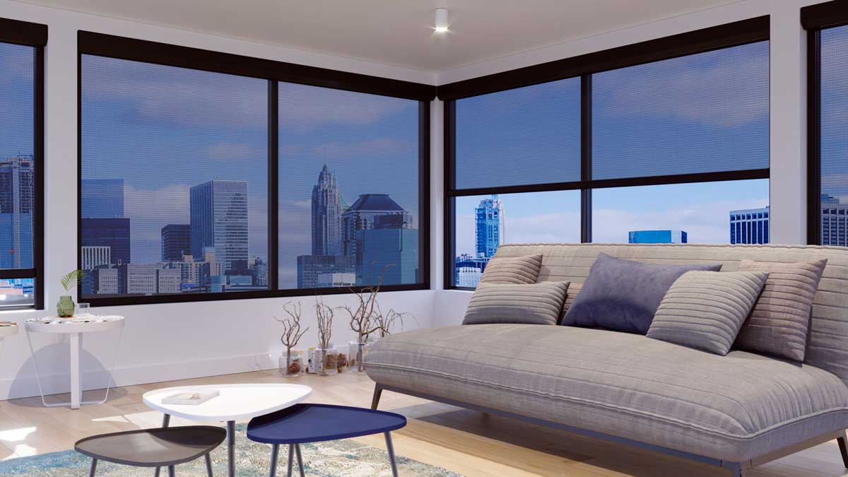 interior-mounted mesh shades on large windows for city view sun control and natural light filtering