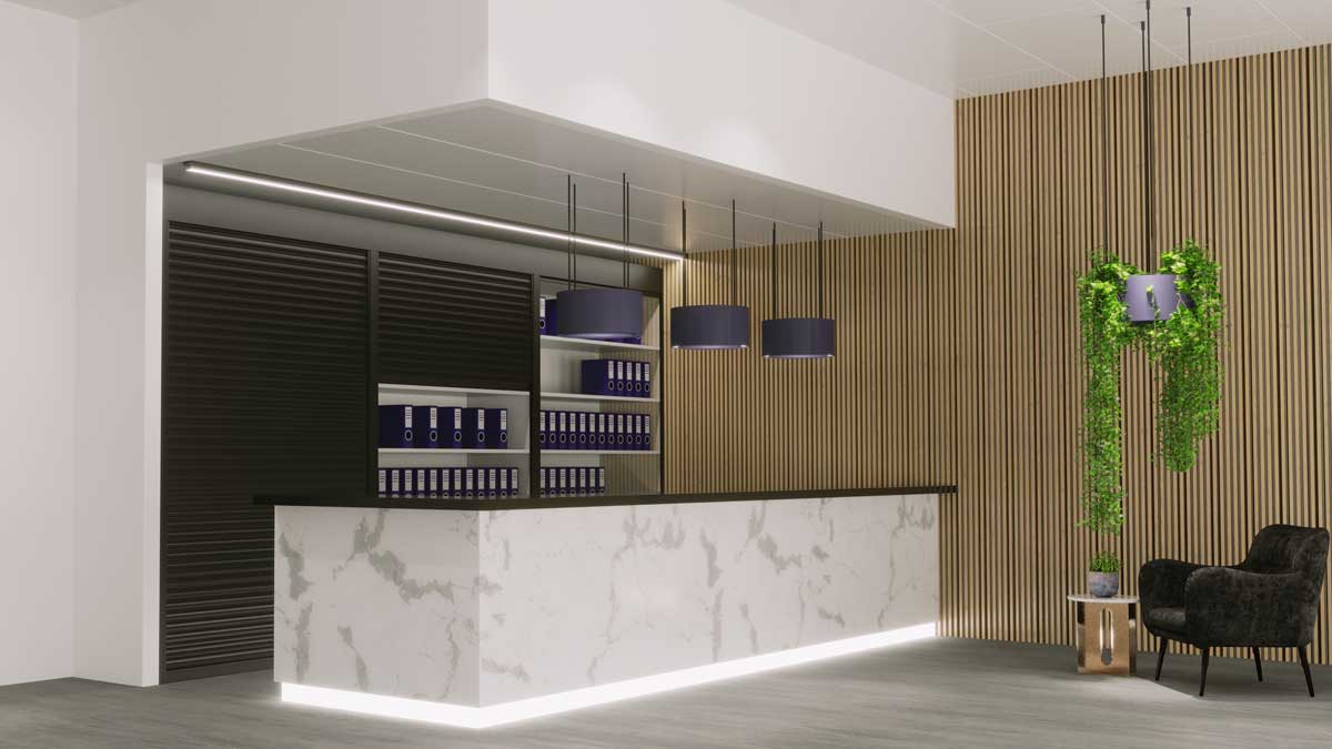 roller door cabinet for organizing binders and files behind reception counters in commercial offices