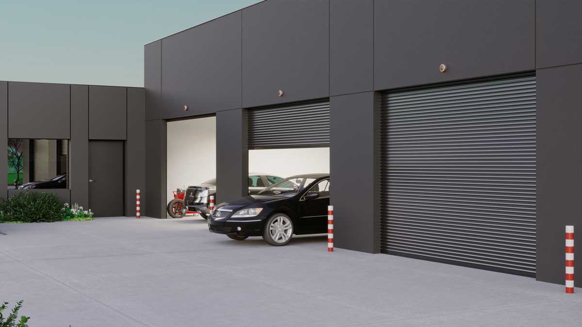 roll-down garage doors for secure access to vehicle service bays and equipment storage