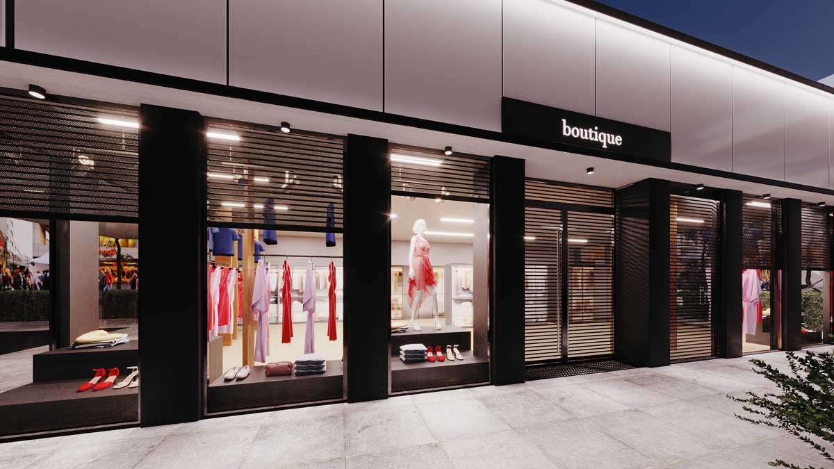 boutique storefront secured with perforated metal shutters for visibility and theft deterrence during off-hours
