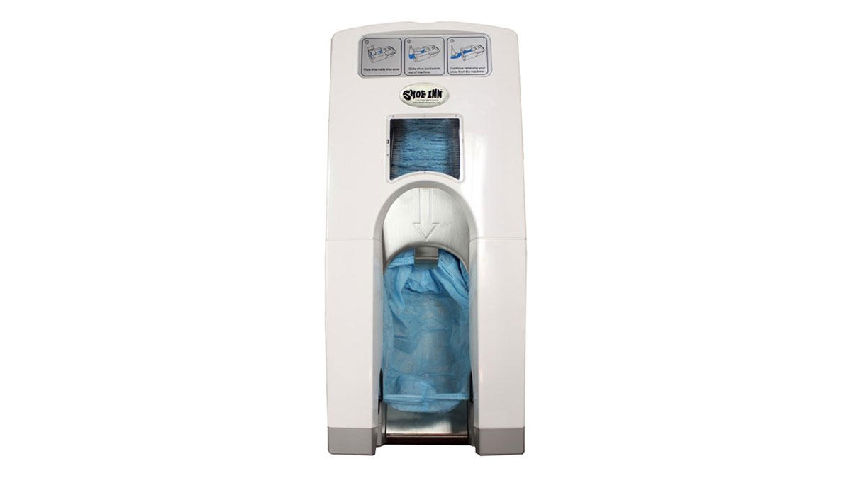 Portable shoe cover dispenser with wheels for healthcare use
