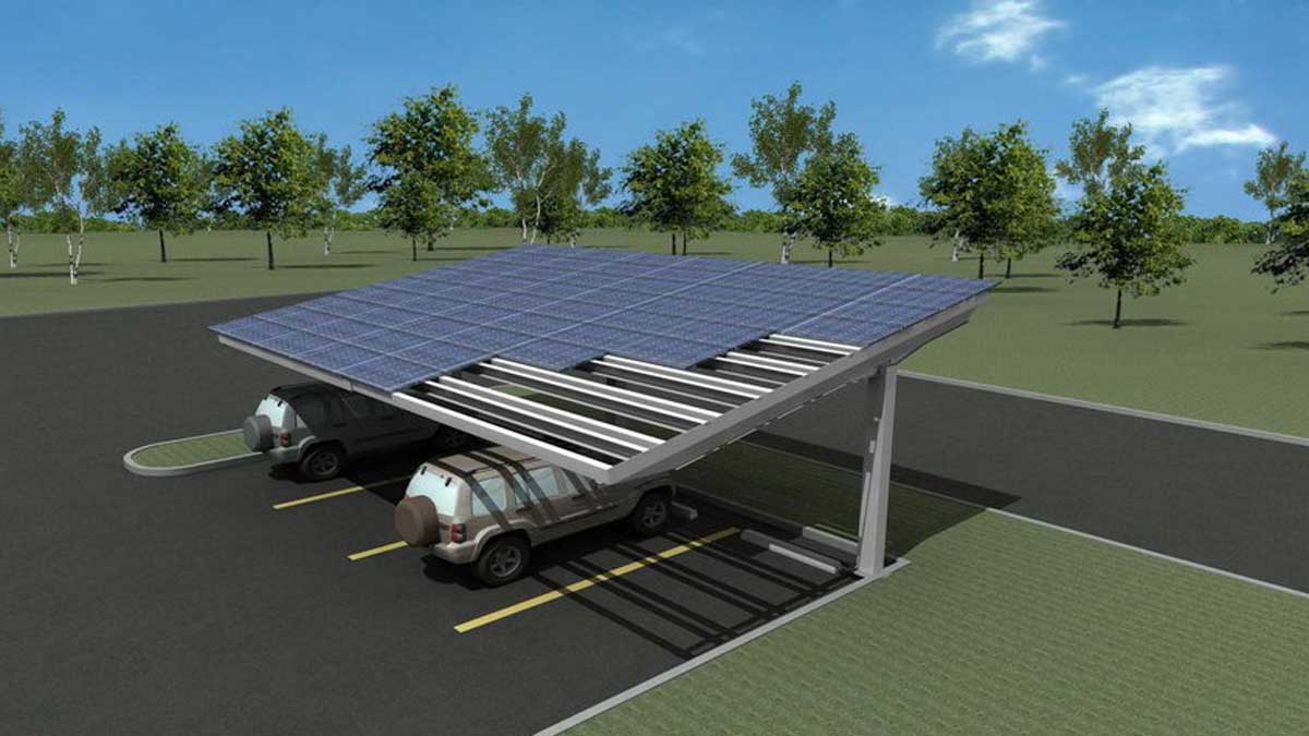 solar panel canopy installed over vehicles to generate renewable energy and provide covered parking
