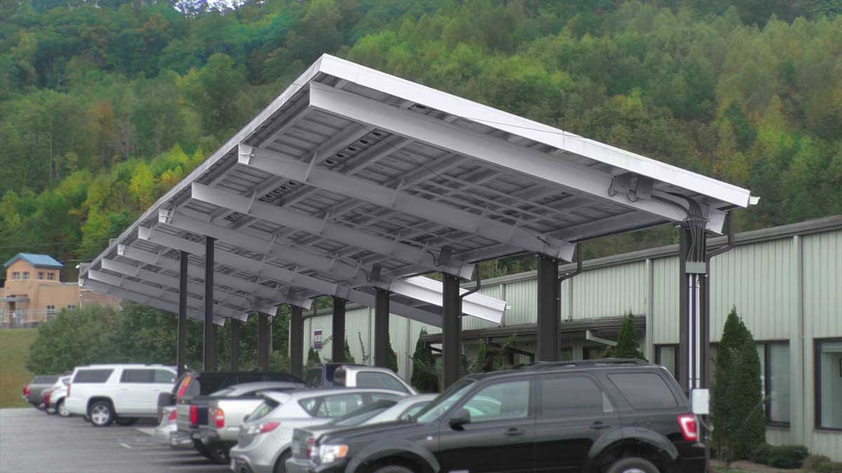 parking canopy structure designed to support solar panels over vehicle parking area
