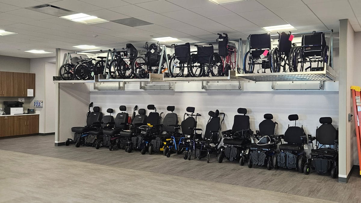 hospital wheelchair universal storage rack for efficient wheelchair organization and quick retrieval in healthcare settings