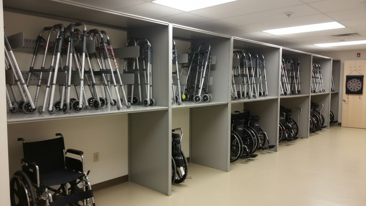 centralized wheelchair storage room designed for organized wheelchair access