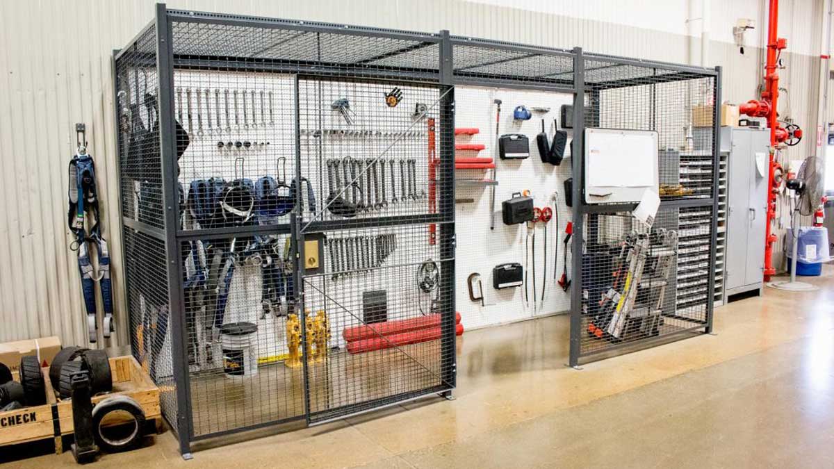 secure wire mesh enclosure for storing tools and maintenance supplies