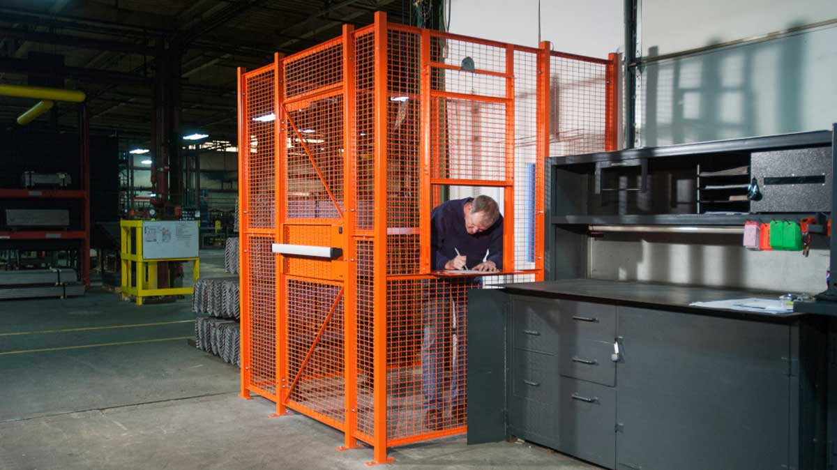 wire partition cage enclosure for secure shipping and receiving dock access control