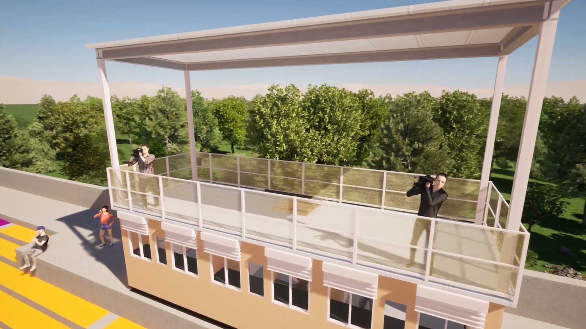 rendering of press box camera deck with operators setting up video equipment