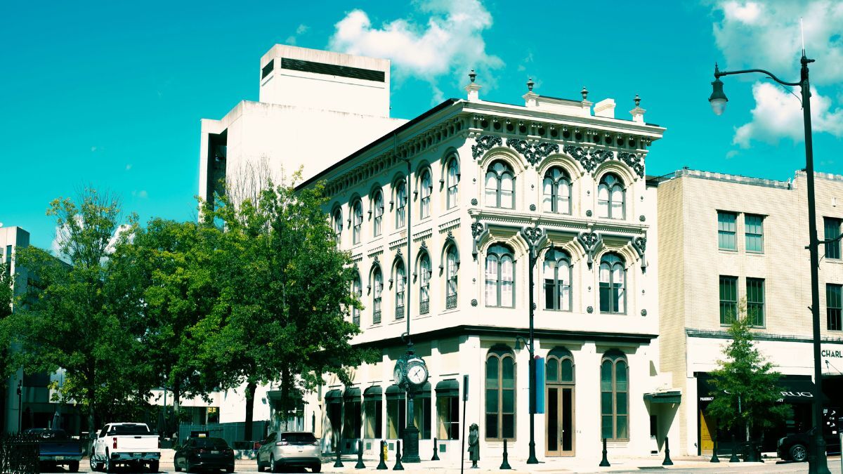 Historic downtown commercial building Alabama showing ornate street level architecture