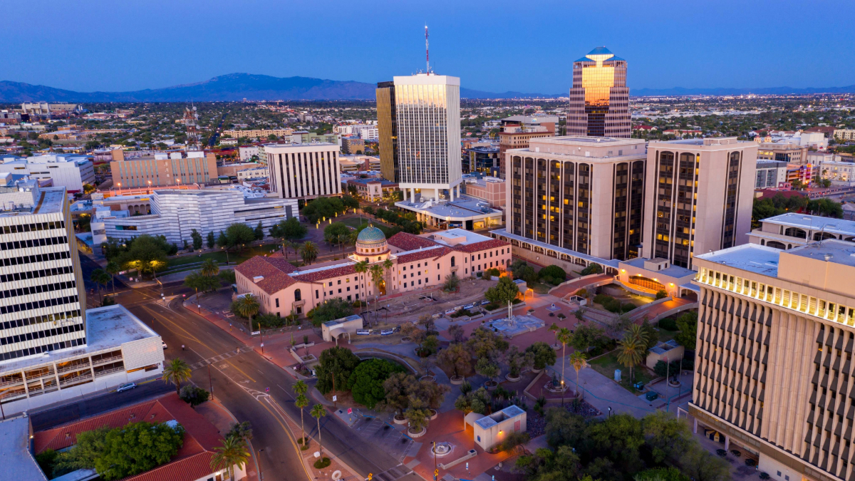 Downtown Tucson skyline view at dusk with office towers and civic buildings