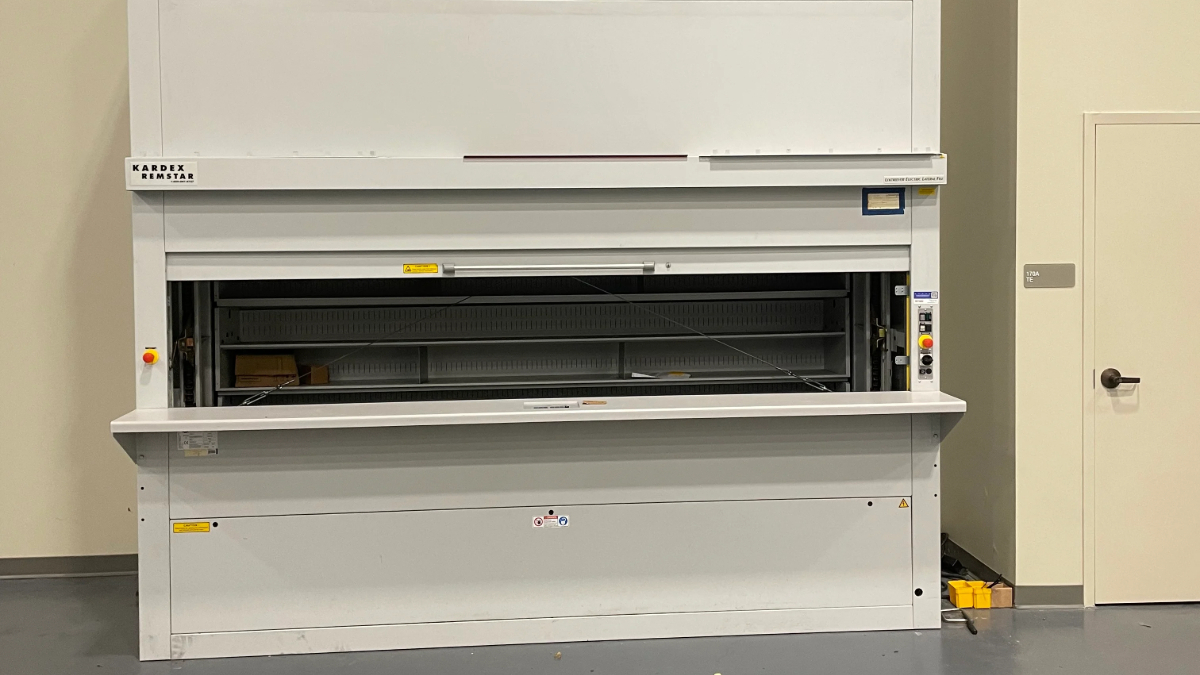 Industrial vertical storage system for organized parts and equipment access