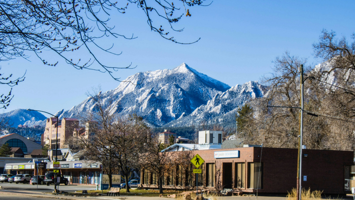 Downtown Boulder with mountains in the background