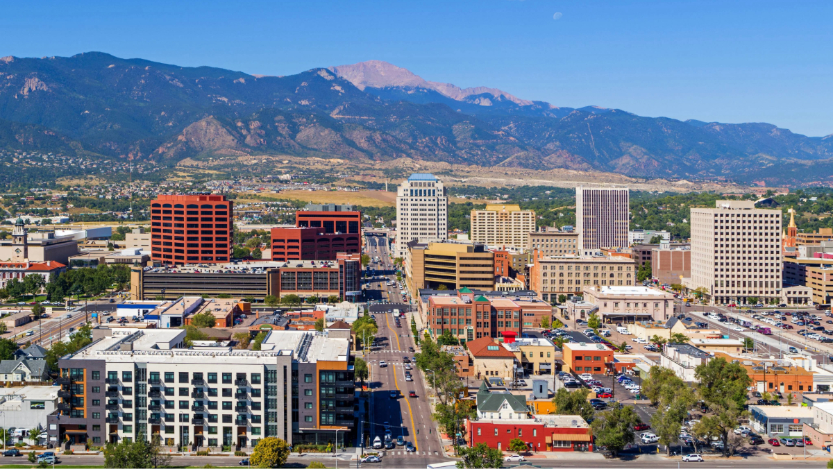 Downtown skyline view Colorado Springs with city buildings and mountain backdrop