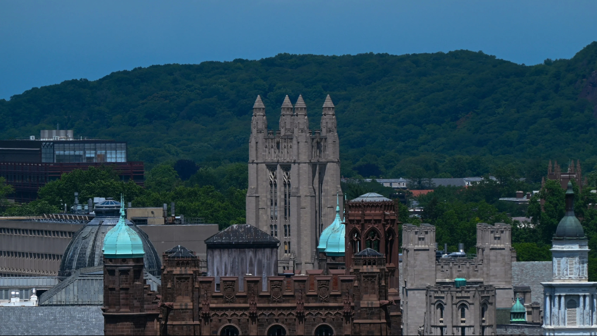 Historic campus skyline New Haven with stone towers and academic buildings