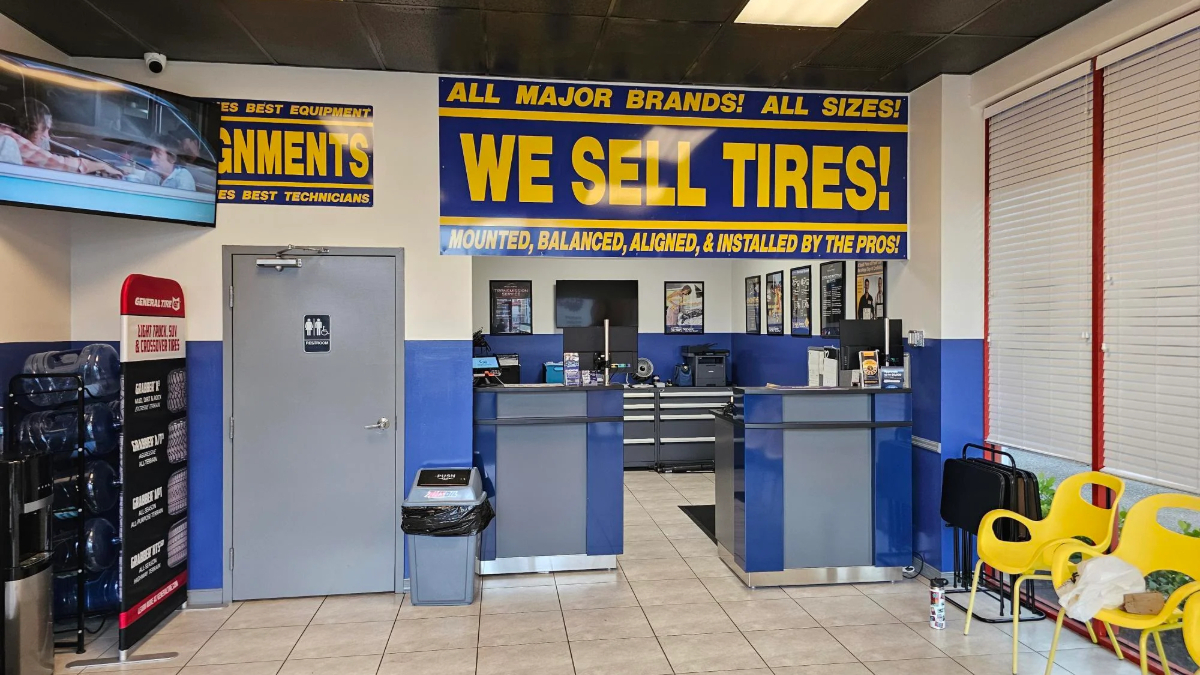 Automotive service reception area with customer counter and waiting space