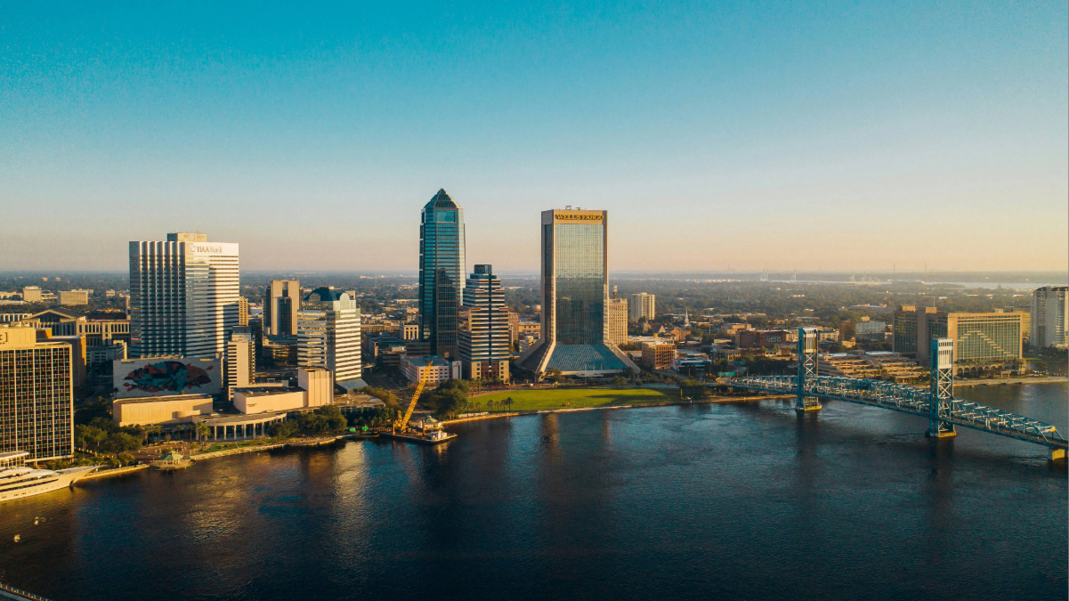 Riverfront skyline view Jacksonville with downtown towers and bridge