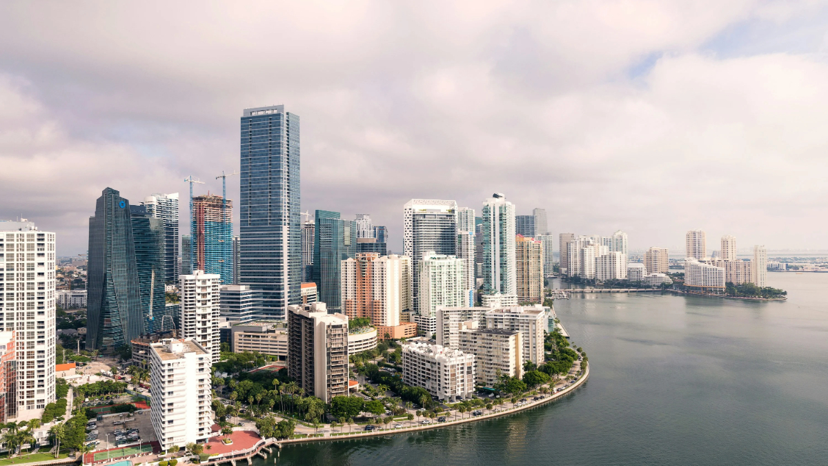 Waterfront skyline view Miami with high rise buildings and bayfront