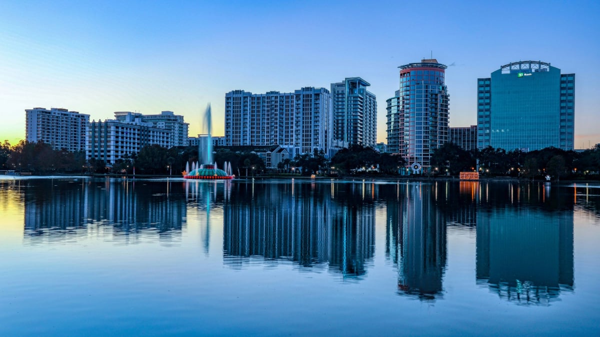 Oceanfront skyline view Orlando with downtown buildings reflected on water