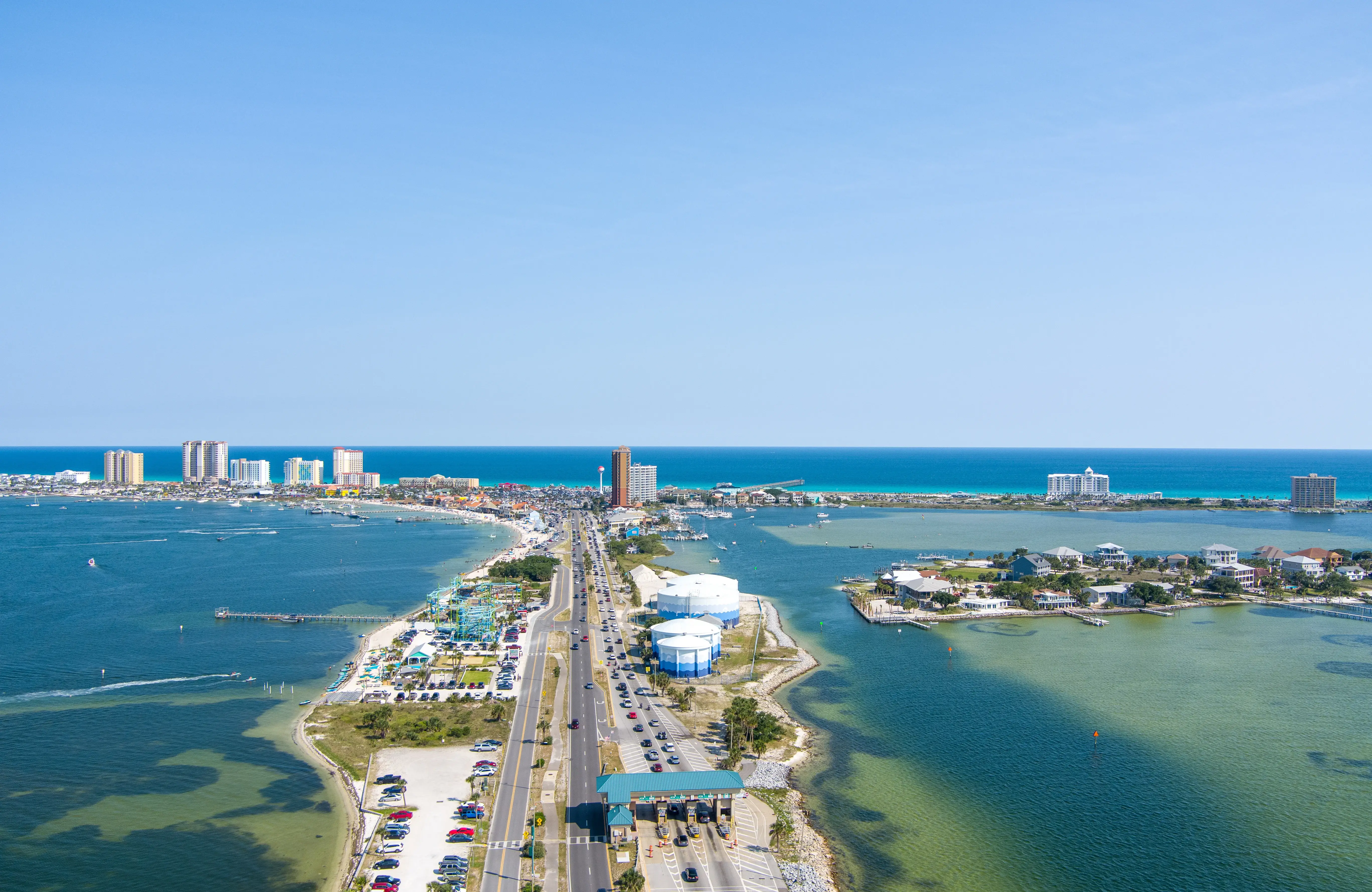 Coastal aerial view Pensacola with causeway shoreline and gulf waters