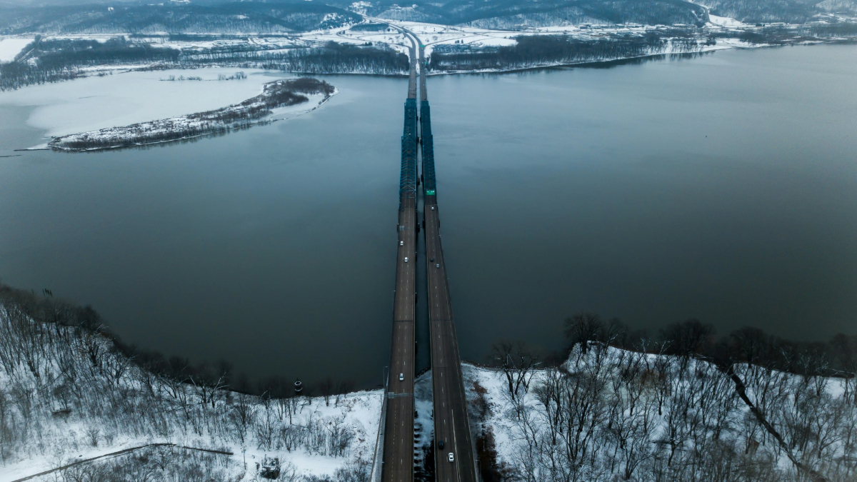 Riverfront bridge view Peoria with downtown buildings and waterfront