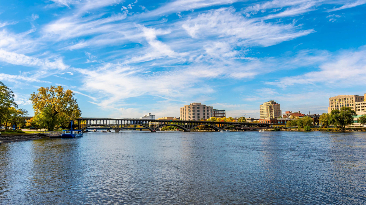 Riverfront city view Rockford with bridge skyline and river channel