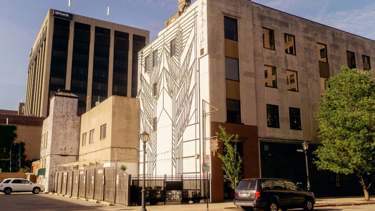 Downtown street view Springfield with historic buildings and church spire