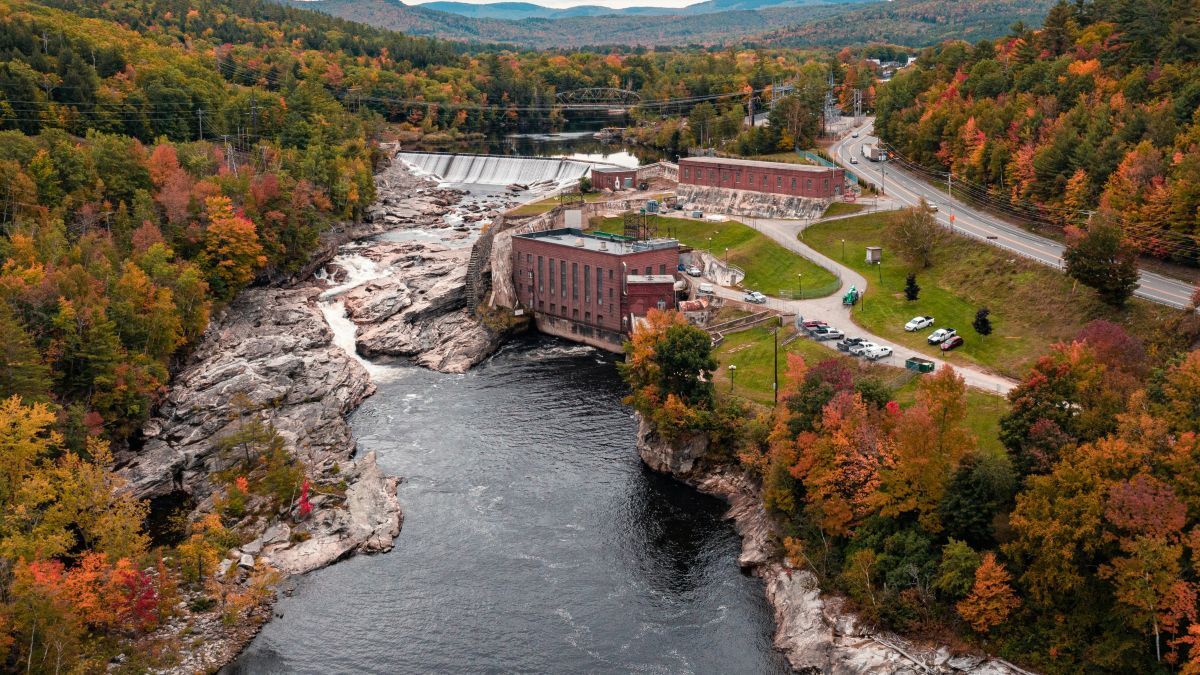 Keene, New Hampshire industrial building besides a waterfall