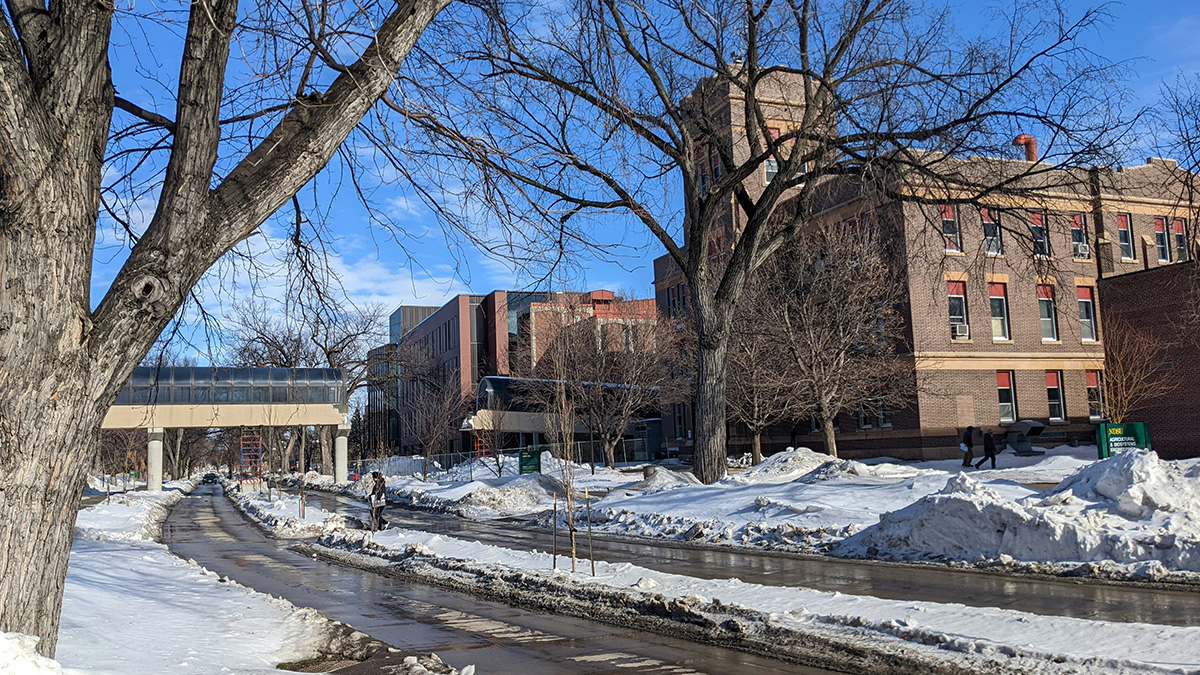 Fargo snow covered streets near industrial buildings